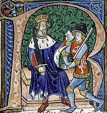 Richard II appoints Mowbray Earl Marshal, from a c. 1390 illuminated manuscript. Richard II appoints Thomas Mowbray Earl Marshal (BL Cotton Nero D.VI-f.85r).jpg