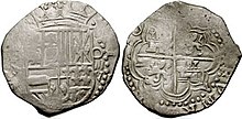 Spanish colonial coin of Philip II, minted in Potosi (modern-day Bolivia), struck c. 1580 SPANISH COLONIAL. Philip II. 1556-1598. AR Cob 8 Reales (38mm, 26.70 gm). Potosi mint.jpg