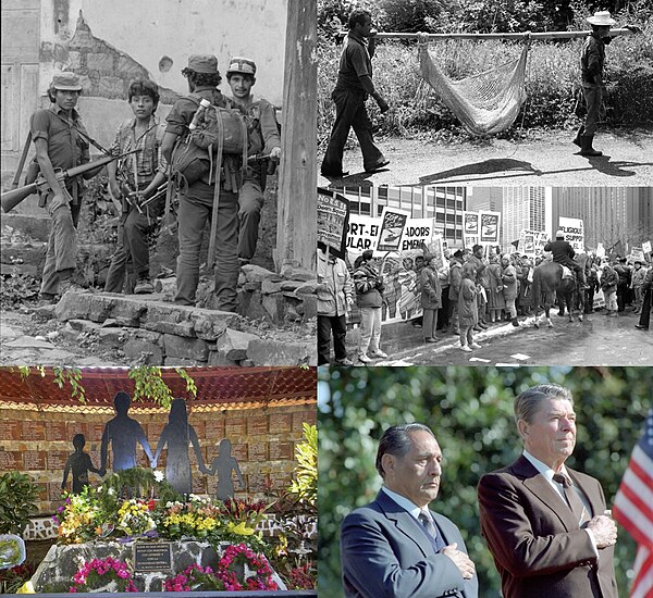 Clockwise from top right: two Salvadorans carrying a casualty of war, an anti-war protest in Chicago, Salvadoran President José Napoleón Duarte and U.