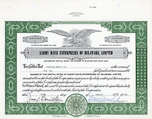 Gründeraktie Nr. 1 der Sammy Davis Enterprises of Delaware, Ltd. über 6 Anteile zu je 100 $, ausgegeben am 25. März 1965, eingetragen auf Sammy Davis Jr. und mit seiner eigenhändigen Unterschrift als Präsident. Das Aktienkapital seiner Produktionsfirma bestand aus 10.000 $.