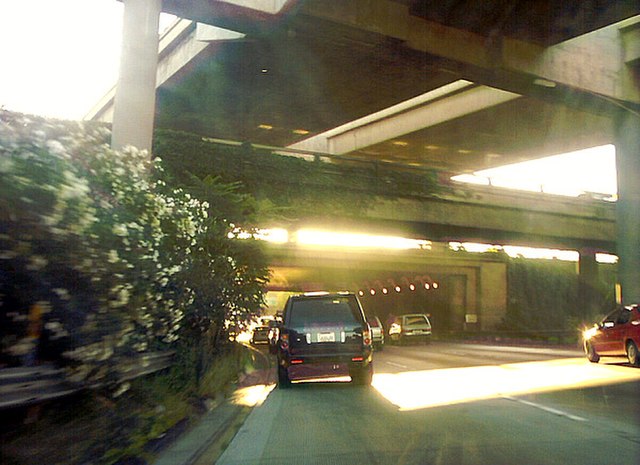 The Dosan Ahn Chang Ho Memorial Interchange (I-110), as seen by traffic going westbound on the Santa Monica