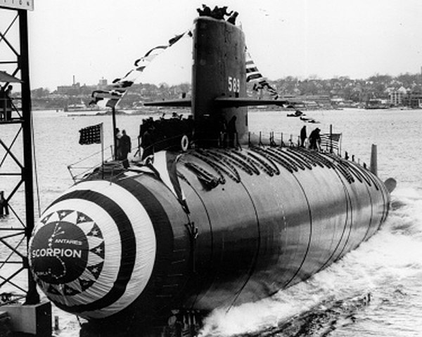 USS Scorpion slides down the ways at the launch in Groton, Connecticut, on 19 December 1959