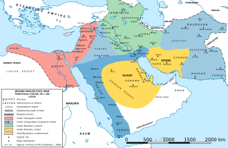 Map of the Middle East with shaded areas indicating the territorial control of the main political actors of the Second Muslim Civil War