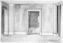 The concealed entrance to a priest hole in Partingdale House, Middlesex (in the right pilaster) Secret Staircase at the Partingdale House.jpg
