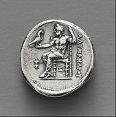 Ancient Greek tetradrachm; 315–308 BC; diameter: 2.7 cm; Metropolitan Museum of Art