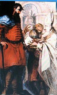 Biskup Duh predaje krunu kralju Ladislavu, oltarna slika Bernarda Bobića iz 17. stoljeća.