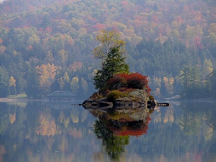 A small island in Lower Saranac Lake in the Adirondacks, New York state, U.S.