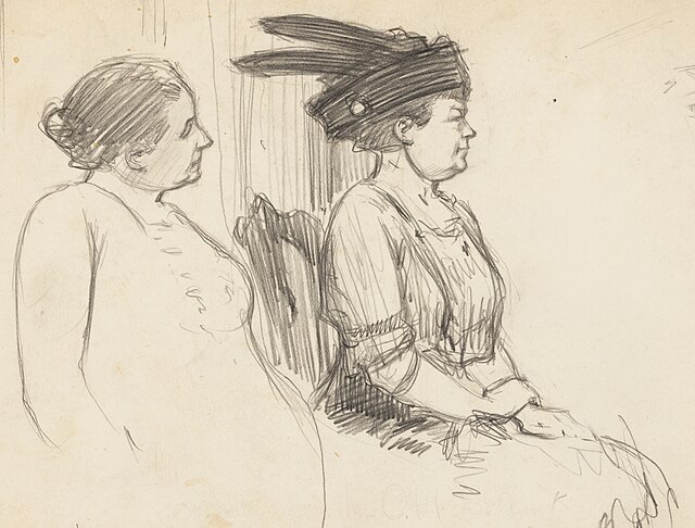 A 1912 sketch of Addams with Alva Vanderbilt Belmont, both members of the National American Woman Suffrage Association. Addams was a vice president of