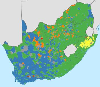 Map showing the party with the largest number of votes in each voting district in the election for the National Assembly.
African National Congress
Democratic Alliance
Economic Freedom Fighters
Inkatha Freedom Party
Freedom Front Plus
Other party
Tie between two or more parties South Africa national election 2019 winner by VD.svg