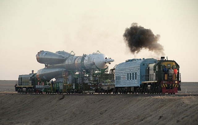 A Soyuz TMA-16 launch vehicle being transported to launchpad at Baikonur in 2009.
