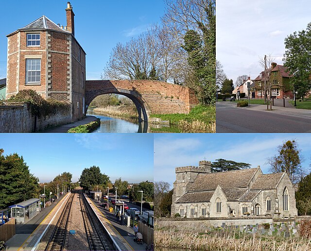 Clockwise from top-left: Nutshell Bridge on the Stroudwater Navigation, town high street, Church of St Cyr, Stonehouse railway station