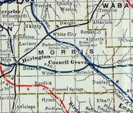 1915-1918 railroad map of Morris County (incorrectly showing Comiskey east of the county line)