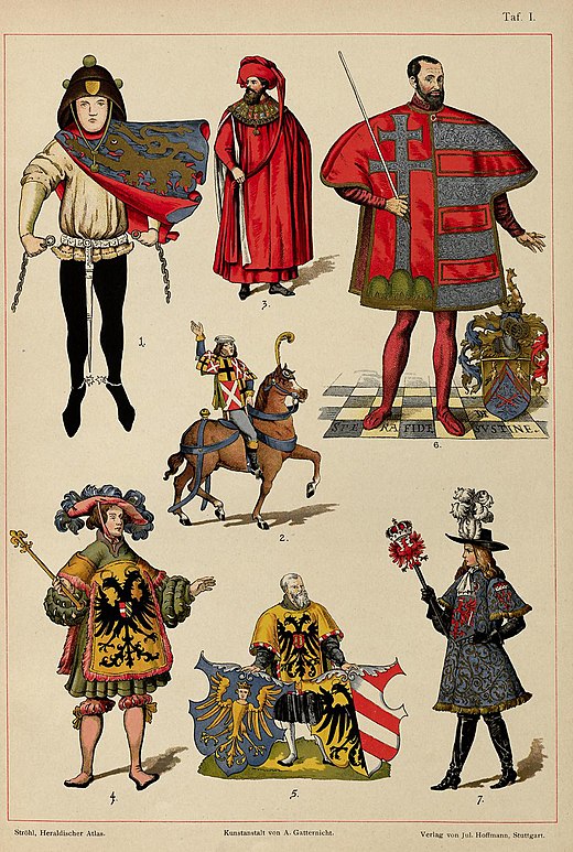Afbeeldingen van herauten van de 14e tot de 17e eeuw uit Hugo Gerard Ströhls wapenkundige atlas (1899)