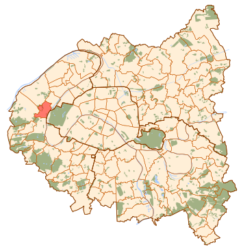 Vue de la commune de Suresnes en rouge sur la carte de Paris et de la « Petite Couronne ».
