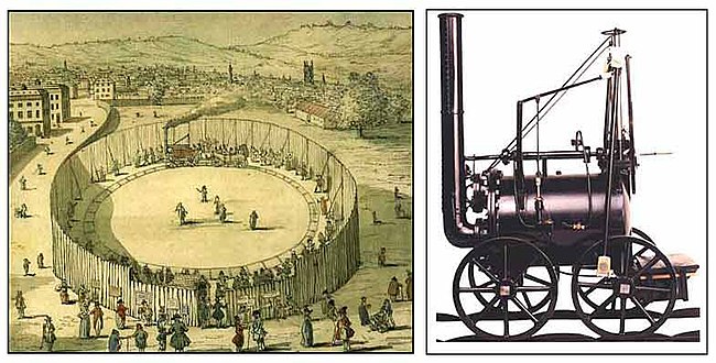 Trevithick gőzmozdonyja és a bemutató körgyűrűje Balra – Thomas Rowlandson akvarellje.