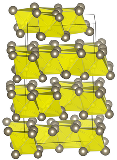 Unit cell of thallium sulfide under standard conditions. The yellow atoms represent the sulfur anions.