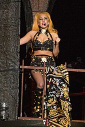 Gaga performing "The Edge of Glory" during the Born This Way Ball tour in 2012 The Edge of Glory Australia BTW Ball (cropped).jpg