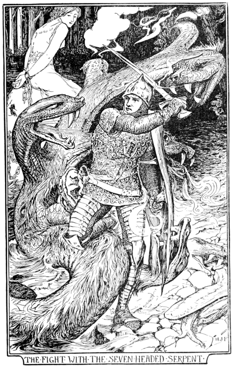 black and white illustration of a man in armor fighting a snakelike monster with a woman chained to a rock in the background.