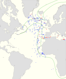 Losses of merchant ship (blue) and u-boats (red) in 1941 The battle of the Atlantic 1941 map.svg