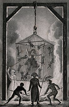 The burning of a French midwife in a cage filled with black cats The burning of Louisa Mabree, the French midwife in a cage f Wellcome V0041811.jpg