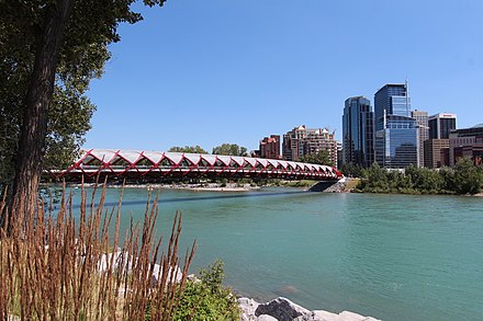 The Peace Bridge is a pedestrian and cycling bridge at Eau Claire Park, suspended over the Bow River.