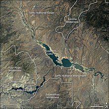 Satellite image of Theodore Roosevelt Lake and surrounding geographic features