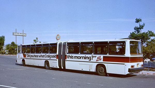 View of left side and rear of a 60-foot Crown-Ikarus bus