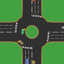 view of a typical microsimulation 2D animation. Shown, a roundabout in a country where traffic drives on the left. UK Roundabout 8 Cars.gif