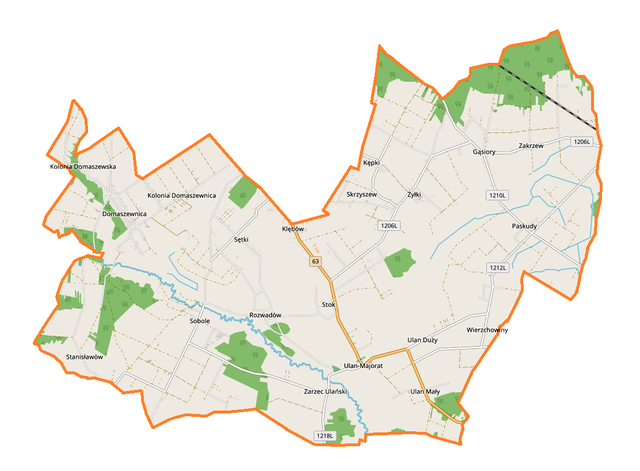 Mapa konturowa gminy Ulan-Majorat, na dole znajduje się punkt z opisem „Kościół św. Małgorzaty”