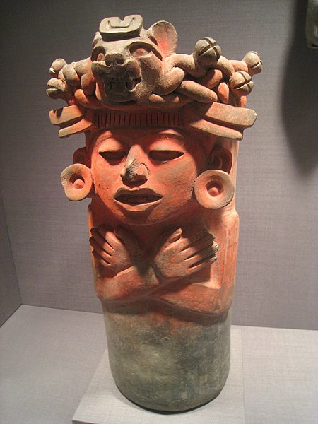 File:Urn with Human Figure, Mexico, Monte Alban, Late I to Early III, 300 BC - 200 AD, ceramic with vermilion, Pre-Columbian collection, Worcester Art Museum - IMG 7639.JPG