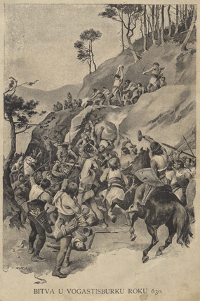 Věnceslav Černý: Bitva u Vogastisburku roku 630 (Obrázkové dějiny národa českého, 1893)