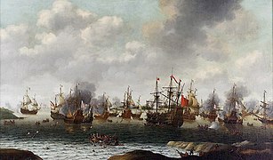 Dutch Attack on the Medway, June 1667 by Pieter Cornelisz van Soest, painted c. 1667. The captured ship Royal Charles is right of center.