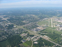 Aerial view of Vandalia, with the Dayton International Airport to the north