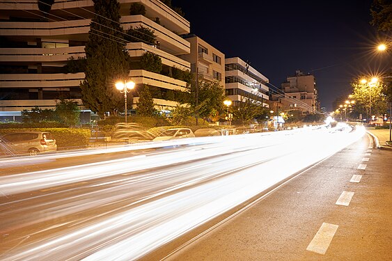 Long exposure shot on an Athenian avenue