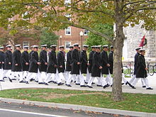 A group of Cadets marches in formation VirginiaTech-CorpsofCadets-Marching.jpg