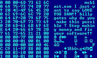 Hex dump of the Blaster worm, showing a message left for Microsoft CEO Bill Gates by the worm's creator Virus Blaster.jpg