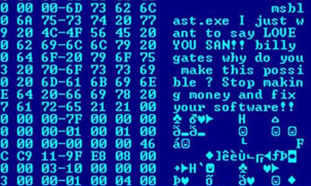 Hex dump of the Blaster worm, showing a message left for Microsoft CEO Bill Gates by the worm's creator