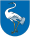 Ein Wappen, das einen grauen Vogel mit langem, verdrehtem Hals, einem gelben, spitzen Schnabel und langen gelben Beinen auf dunkelblauem Hintergrund darstellt