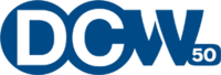 In white on blue, the letters D and C over two overlapping circles. Next to them, a blue stylized W, with a small box reading "50" in the lower right-hand corner.