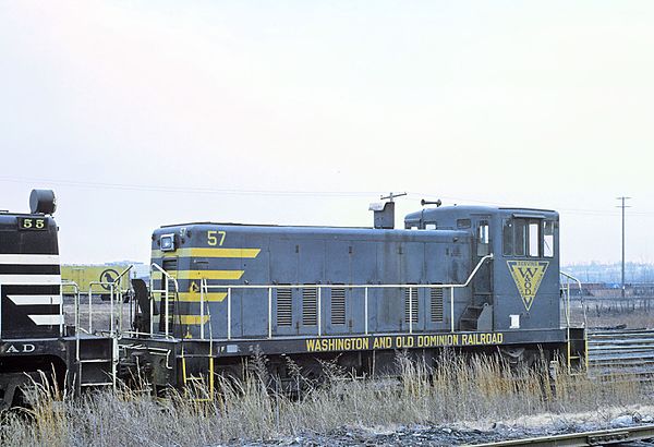 The former W&OD 57, a General Electric 70-ton diesel–electric switcher locomotive built in 1956, at the Baltimore and Ohio Railroad's Riverside Yard i