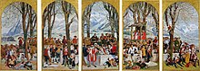 Cinq photographie d'un tableau mural, représentant une scène à la campagne avec des personnes en différents costumes.