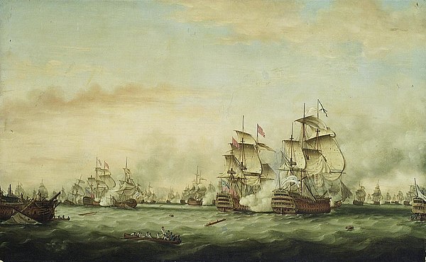 The Battle of the Saintes, 12 April 1782: surrender of the Ville de Paris by Thomas Whitcombe, painted 1783, shows Hood's HMS Barfleur, centre, attack