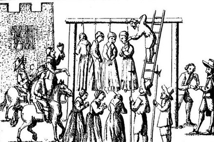 An image of suspected witches being hanged in England, published in 1655