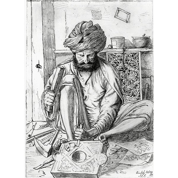 File:Wood Carver at Shimla, pencil and ink drawing by John Lockwood Kipling, 1870.jpg