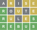 A four-row grid of white letters in colored square tiles, with 5 letters in each row, reading ARISE, ROUTE, RULES, REBUS. The A, I, O, T, and L are in gray squares; the R, S, and E of ARISE, U and E of ROUTE, and U and E of RULES are in yellow squares, and the R of ROUTE, R and S of RULES, and all letters of REBUS are in green squares.