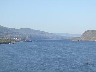View from the railway bridge in Krasnoyarsk west-southwest to the Yenisei with the river island Sosnovy in the background