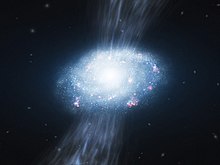 Artist's impression of a young galaxy accreting material Young Galaxy Accreting Material.jpg