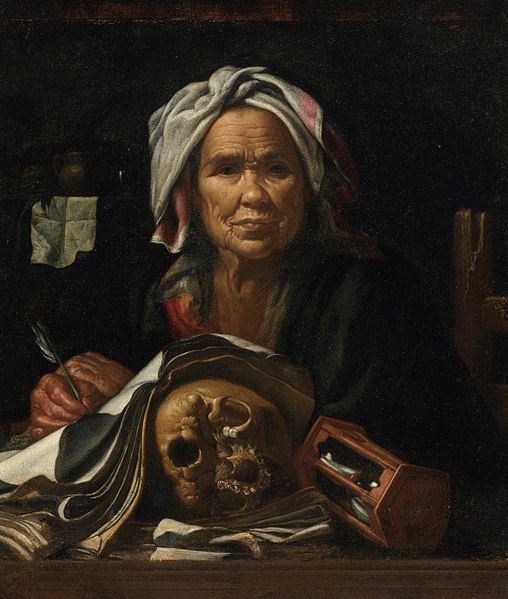 File:'An Old Philosopher at Her Desk, with a Vanitas Skull and an Hourglass' by Pietro Bellotti.jpg