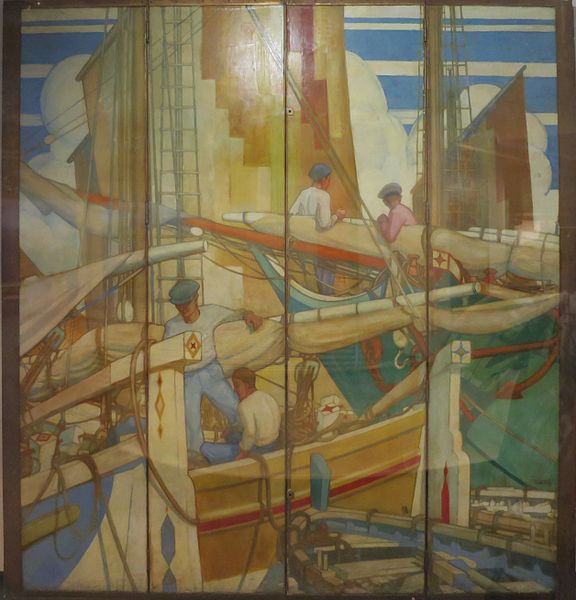 File:'Mediterranian Harbor Scene', folding screen by Kenneth Shoesmith, Queen Mary, first class drawing room.JPG