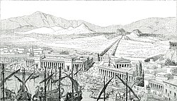 Antiikin Pireus kuviteltuna piirroksessa vuodelta 1887.